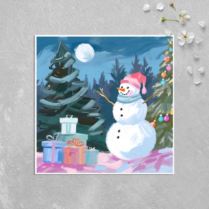 Tarjeta navideña: muñeco de nieve feliz, regalos y árbol de Navidad para venta al por mayor de KalooMoon Art
