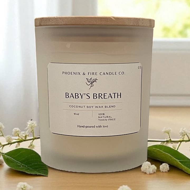 Baby's Breath Coconut Soy Candle for wholesale by Phoenix & Fire Candle Company