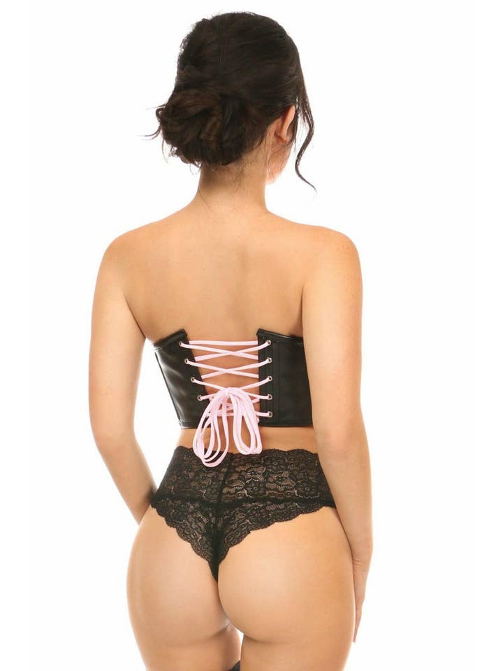 Daisy Corsets - Wholesale Bustier - Women's - Lavish Black Faux Leather w/Pink Lace-Up Bustier