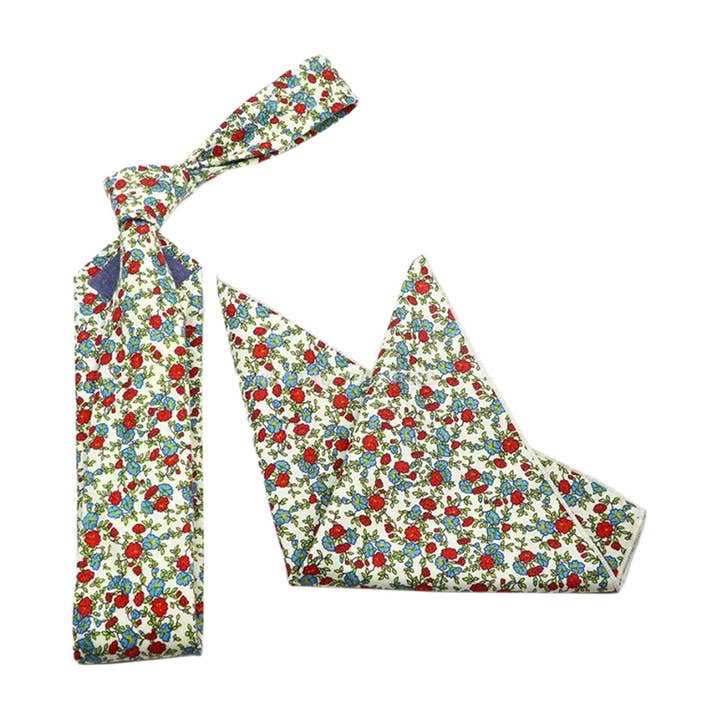 Florian Red and Blue Flowery Tie and Pocket Square Set for wholesale by Dickie Bow