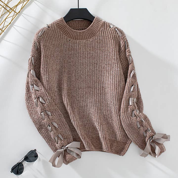 Rosa Clothing - Wholesale Knit Sweater - Women's - Sweet Bow Ribbon Sleeve Pullover Sweater