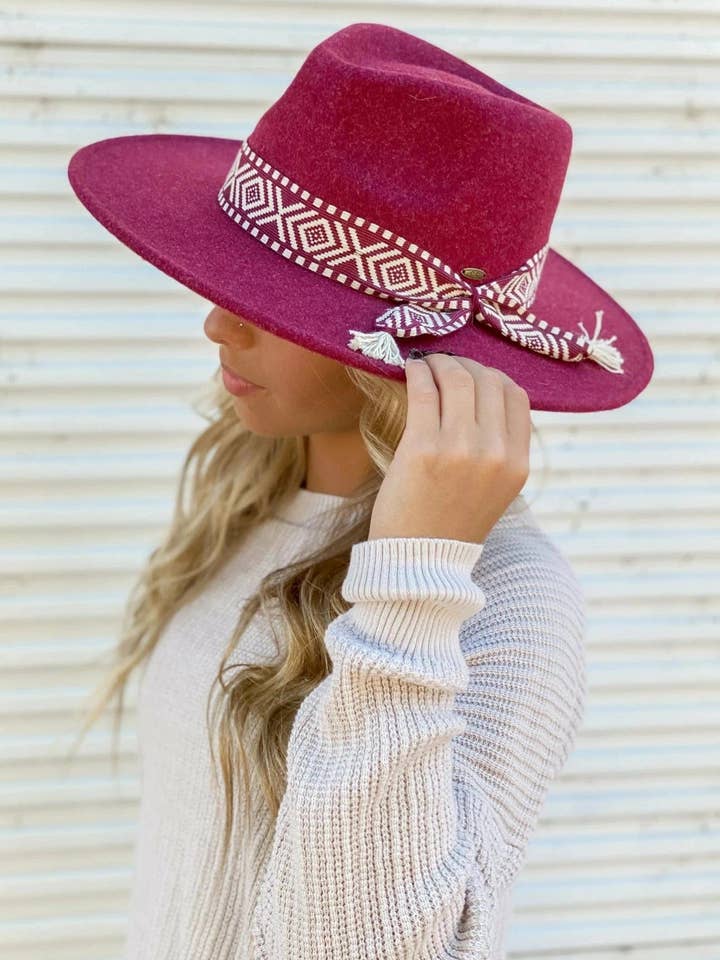 WF3 Lauren Felt Panama Brim Hat With Aztec Trim Band for wholesale by MiMi Wholesale