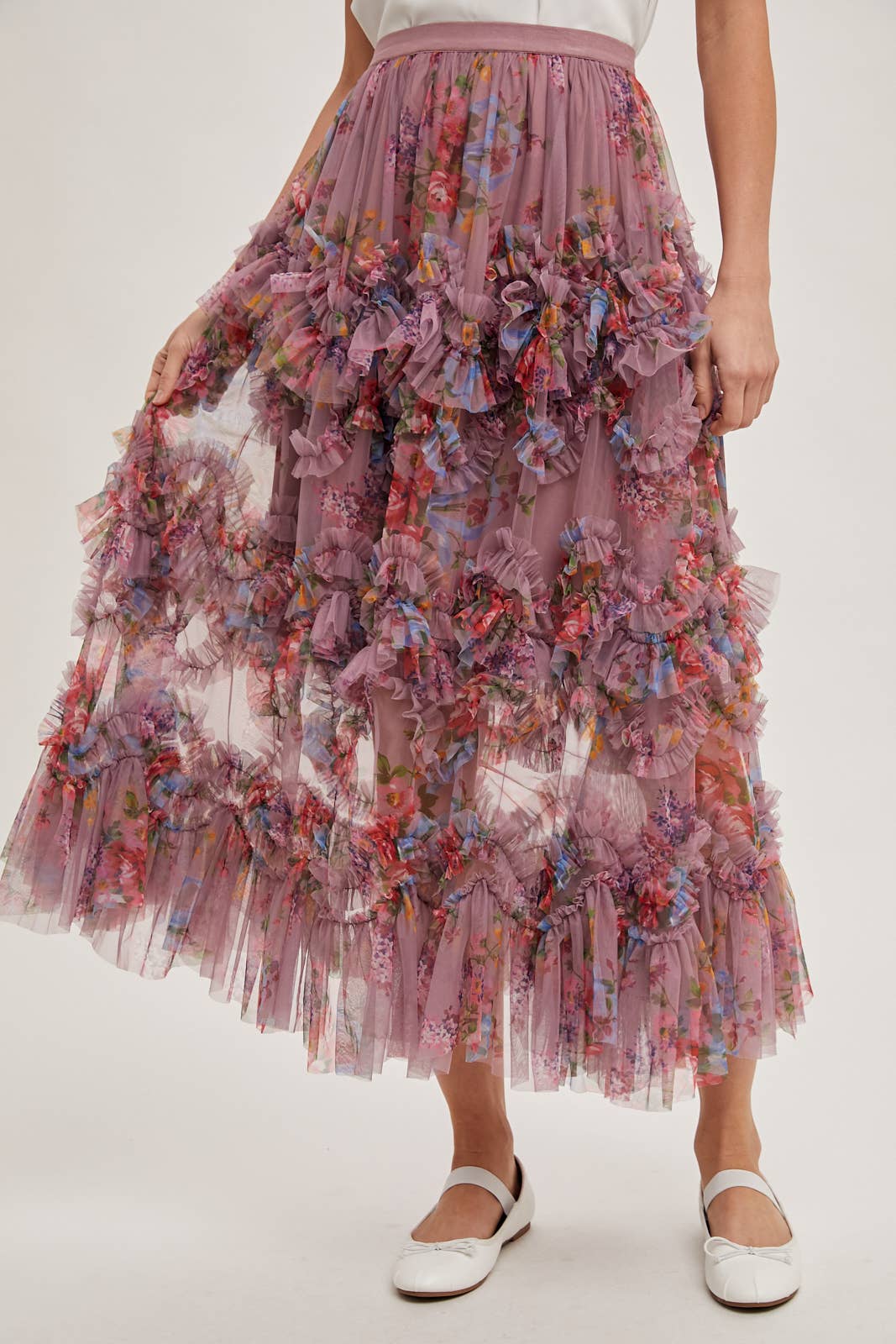 Bluivy - Wholesale Skirt - Women's - FLORAL RUFFLED MESH MIDI SKIRT14