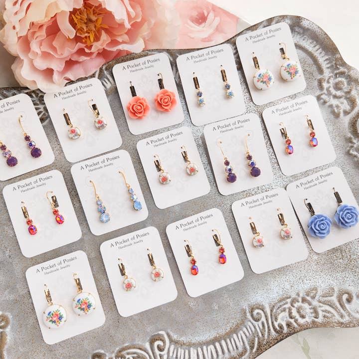 A Pocket of Posies - Wholesale Dangle Earrings - Little Blue Rose Cameo Earrings - Vintage Glass