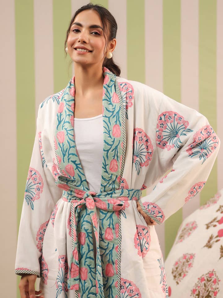 Mor Pank Quilted Reversible Cotton Robe with Pockets for wholesale by Jaipur Morni USA