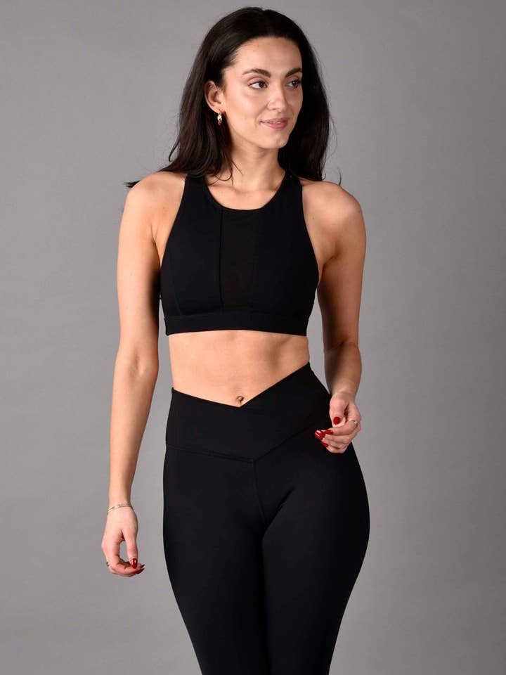 Wear Love More LLC - Wholesale Activewear Set - Women's - Stevie Reversible Matte Luxe High Neck Sports Bra in Black Combo2