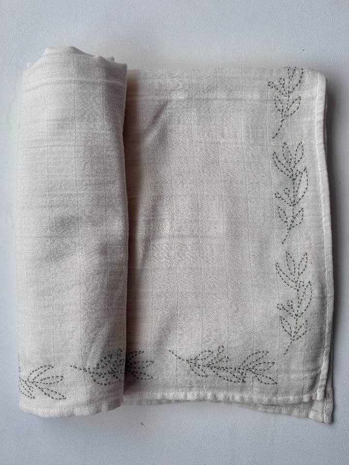 Large organic cotton embroidered muslin swaddle for wholesale by Gooseberry fool