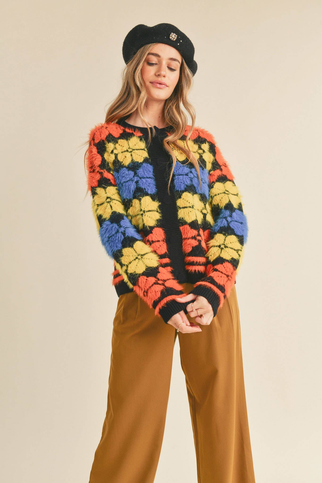 BLACK MULTI SHAGGY KNIT FLORAL SWEATER CARDIGAN MSW10343 for wholesale on Faire4