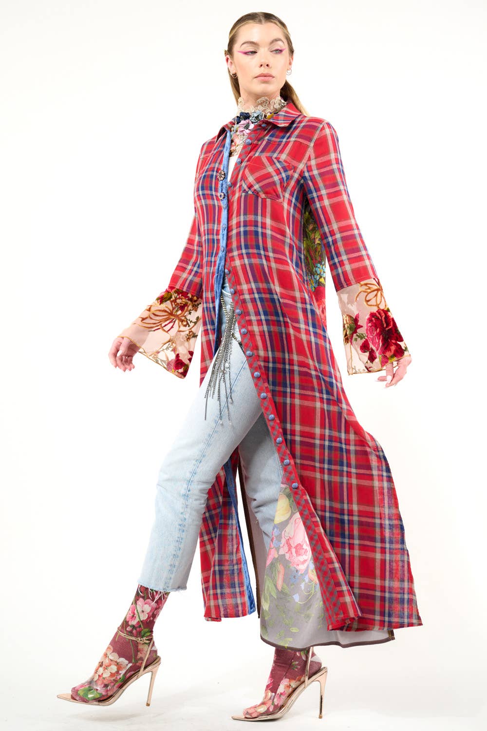 Rode geruite combinatie Anna knoopsluiting Maxi Overhemdjurk / Duster voor groothandel op Faire19