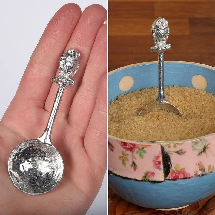Owl Small Pewter Sugar Spoon for wholesale by Glover & Smith