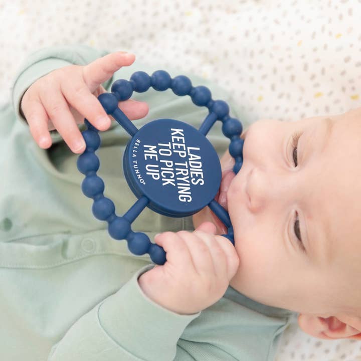 Blue Ladies Pick Me Up Happy Teether for wholesale on Faire