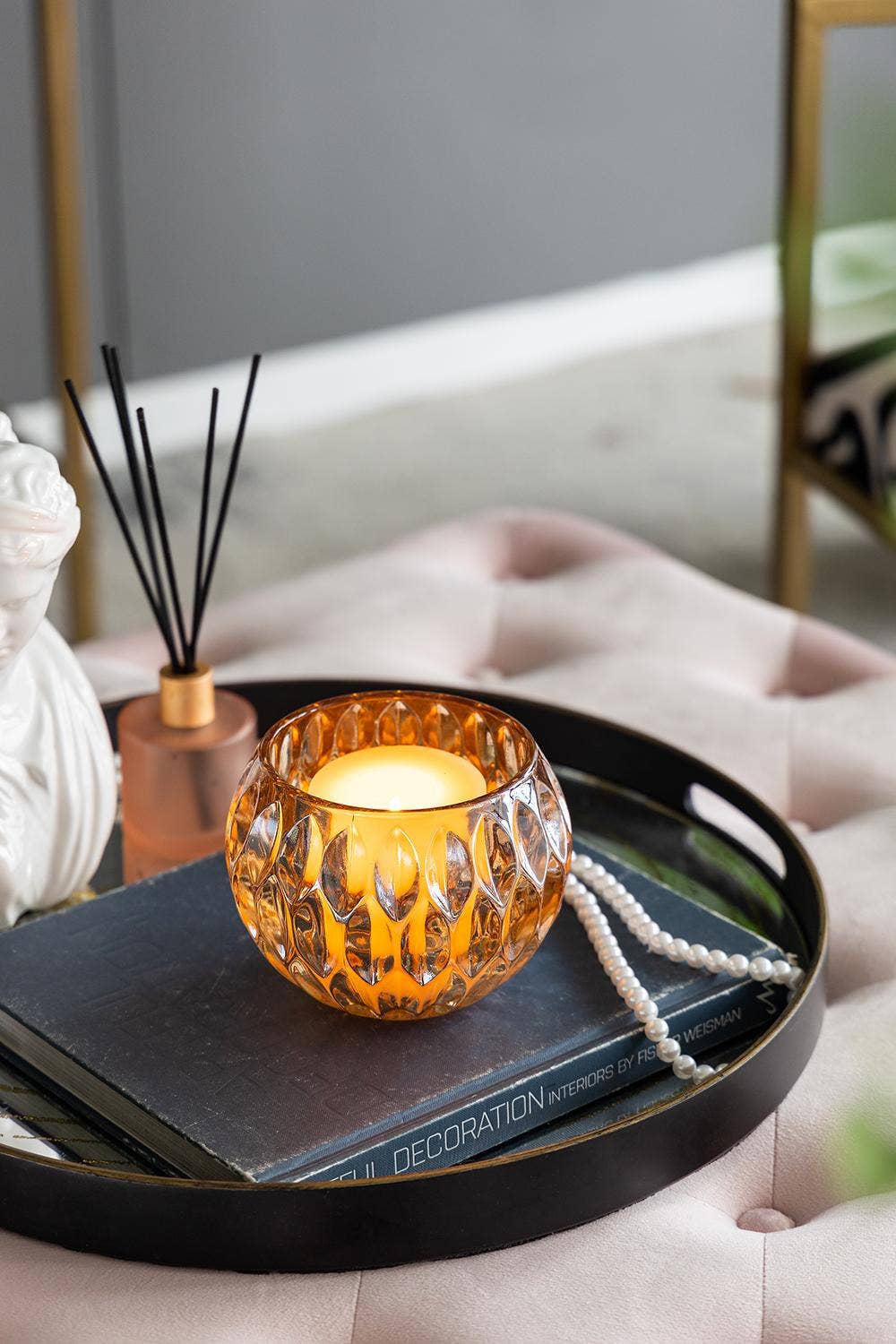 A&B Home Group Inc. - Wholesale Candle Holder - D6x4.3" Amber Candle Holder w/ Embossed Pattern - Amber5