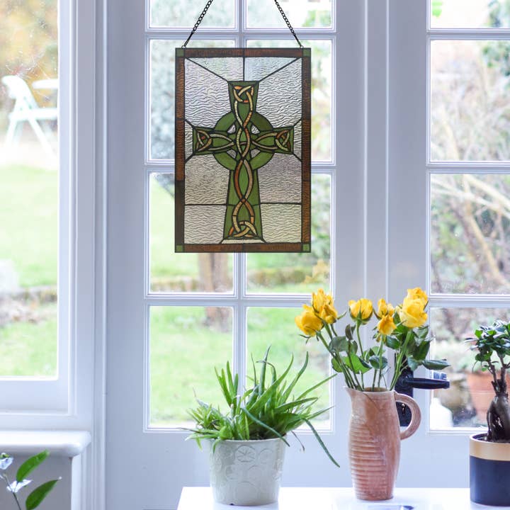 River of Goods - Wholesale Suncatcher - 18"H Celtic Cross Stained Glass Window Panel