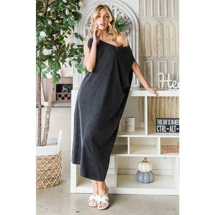 Oli&Hali - Wholesale Dress - Women's - WASHED COTTON SLEEVELESS OVERSIZED MIDI DRESS