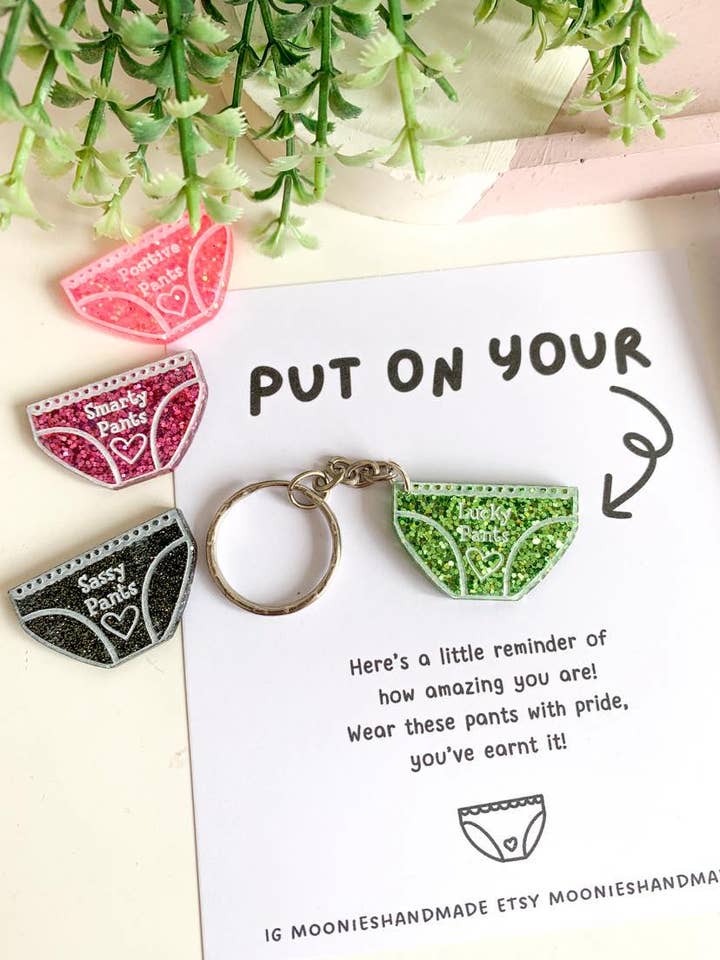 Glitter Resin Positive Pant Keychains, Sassy/smarty/lucky for wholesale by Moonieshandmade