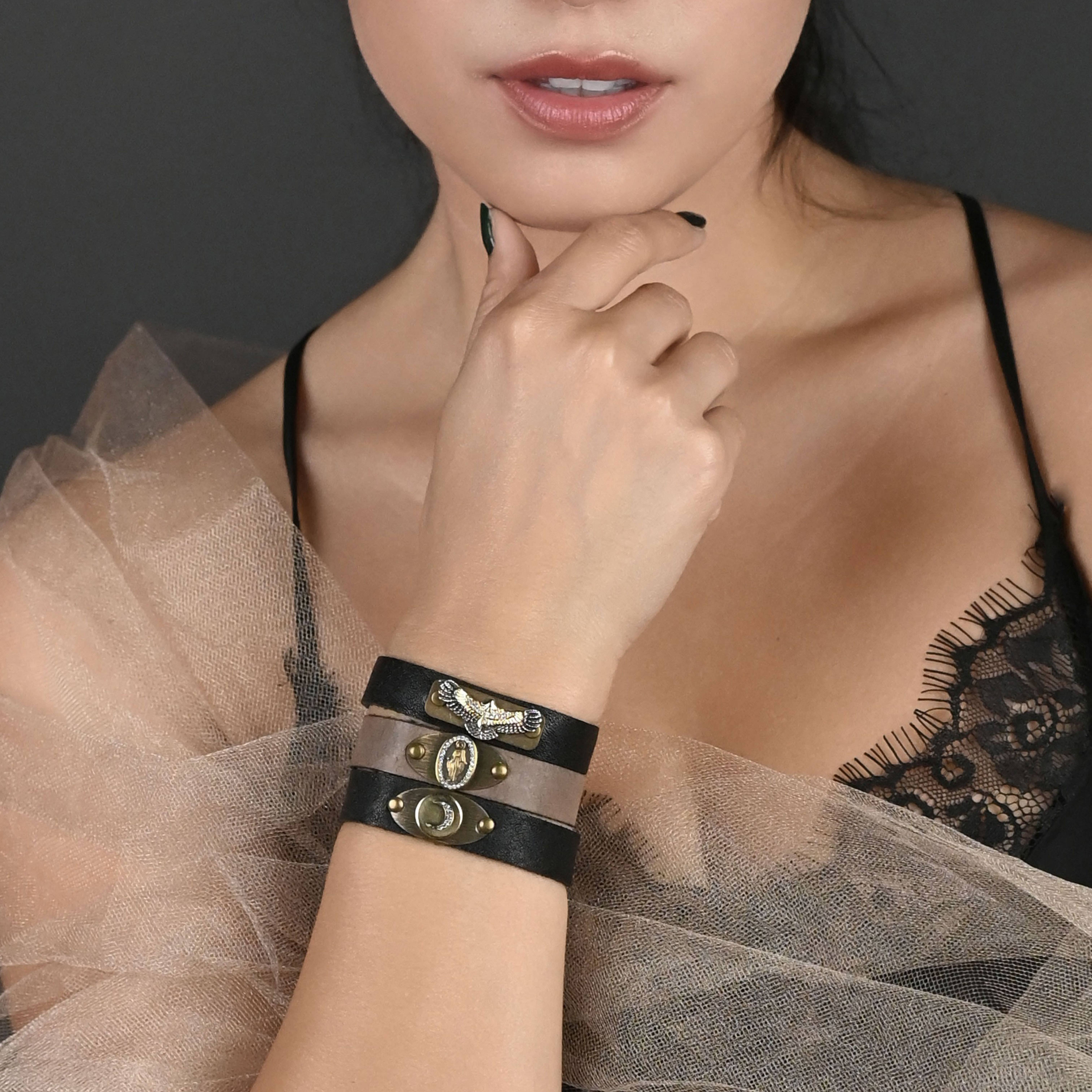 KBD Studio - Venta al por mayor Pulseras tipo brazalete - Brazalete apilable de cuero con Pave Peace3