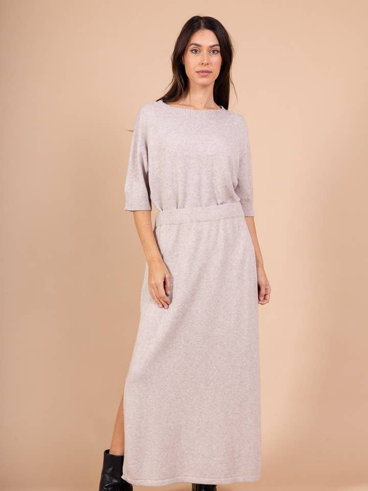 Short Sleeve Ribbed Hem Slit Sweater Skirt Set for wholesale by L'Emotion