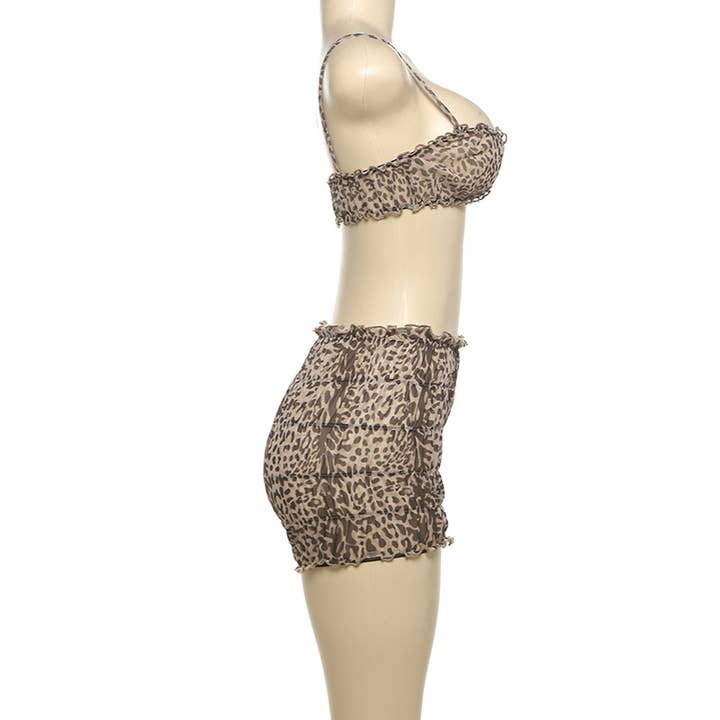 Brown Sexy Leopard Print Lace Top Cake Shorts Two-Piece Set for wholesale on Faire