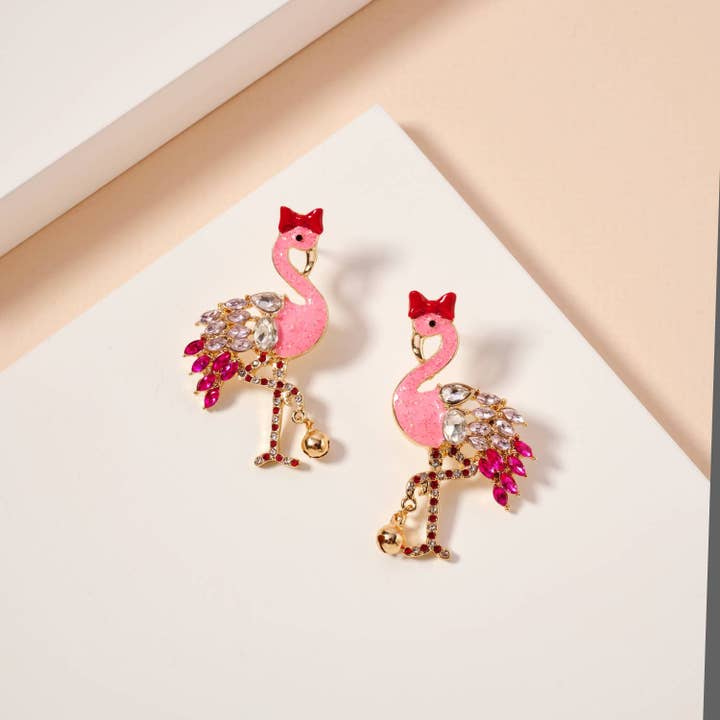 Christmas Flamingo Rhinestones Enamel Earrings for wholesale by Frem