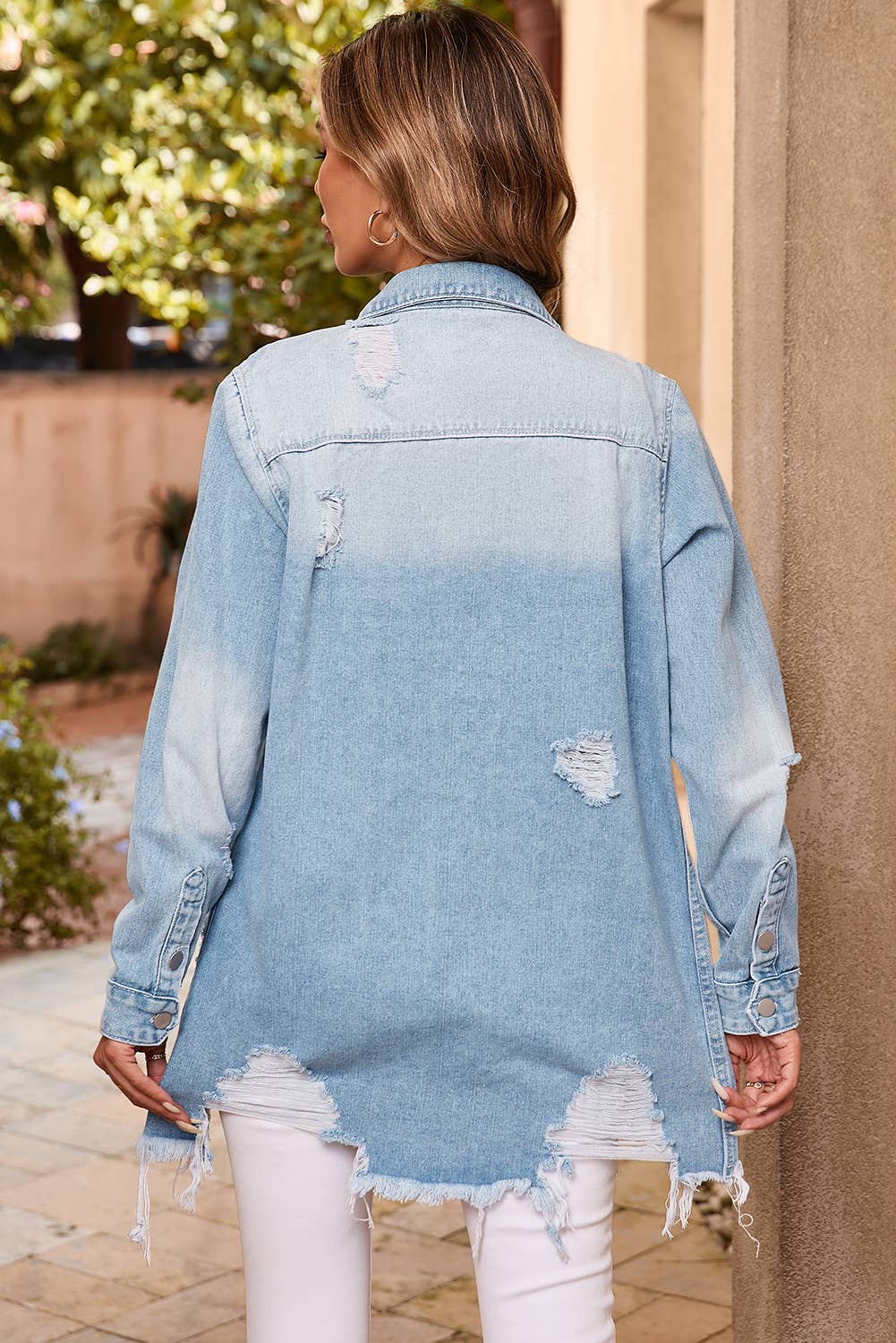 Beau Blue LDC Light Wash Distressed Frayed Long Denim Jacket for wholesale on Faire3