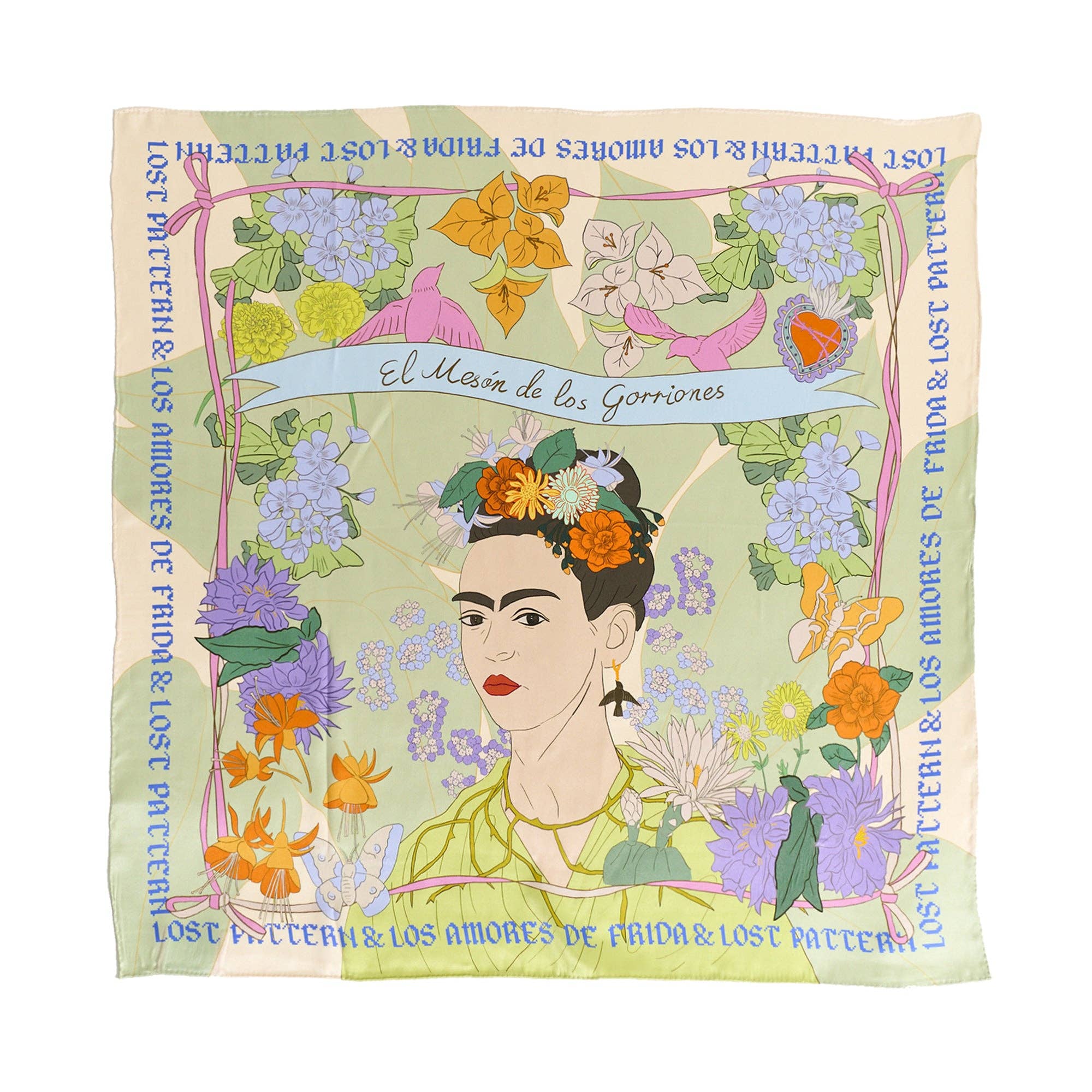 FRIDA x LOST PATTERN "Los Amores de Frida" Large Silk Scarf - Pastel for wholesale on Faire4