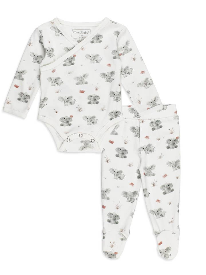 L'ovedbaby - Vendita all'ingrosso Completino - Neonati - Set Body Avvolgente Organico e Pantaloni con Piedini in Elefantino