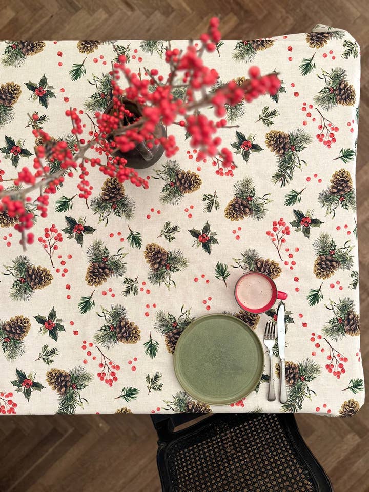 Rechteckige Tischdecke, festliches Motiv, Weihnachtsmotiv | Golden Pine für den Großhandel von Hortensias Home