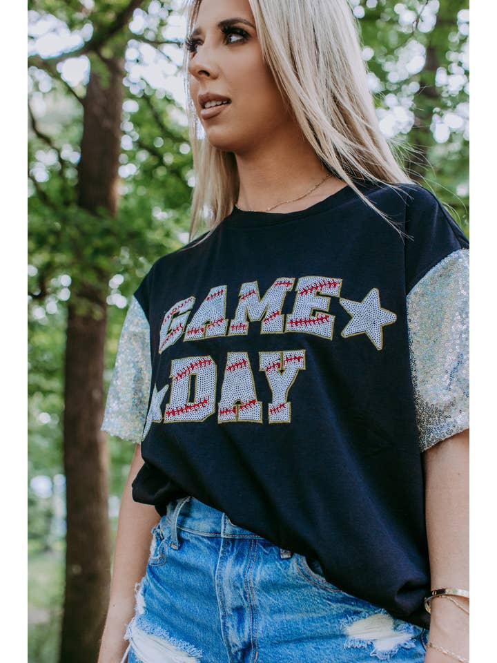 MK489 Sequins Embroidery Game Day Tee - Black for wholesale on Faire