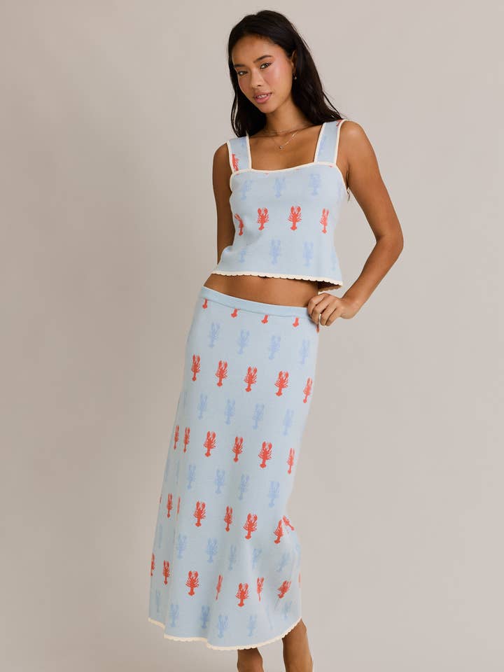 LT BLUE MULTI SCALLOP HEM LOBSTER SWEATER TOP WITH MIDI SKIRT for wholesale on Faire