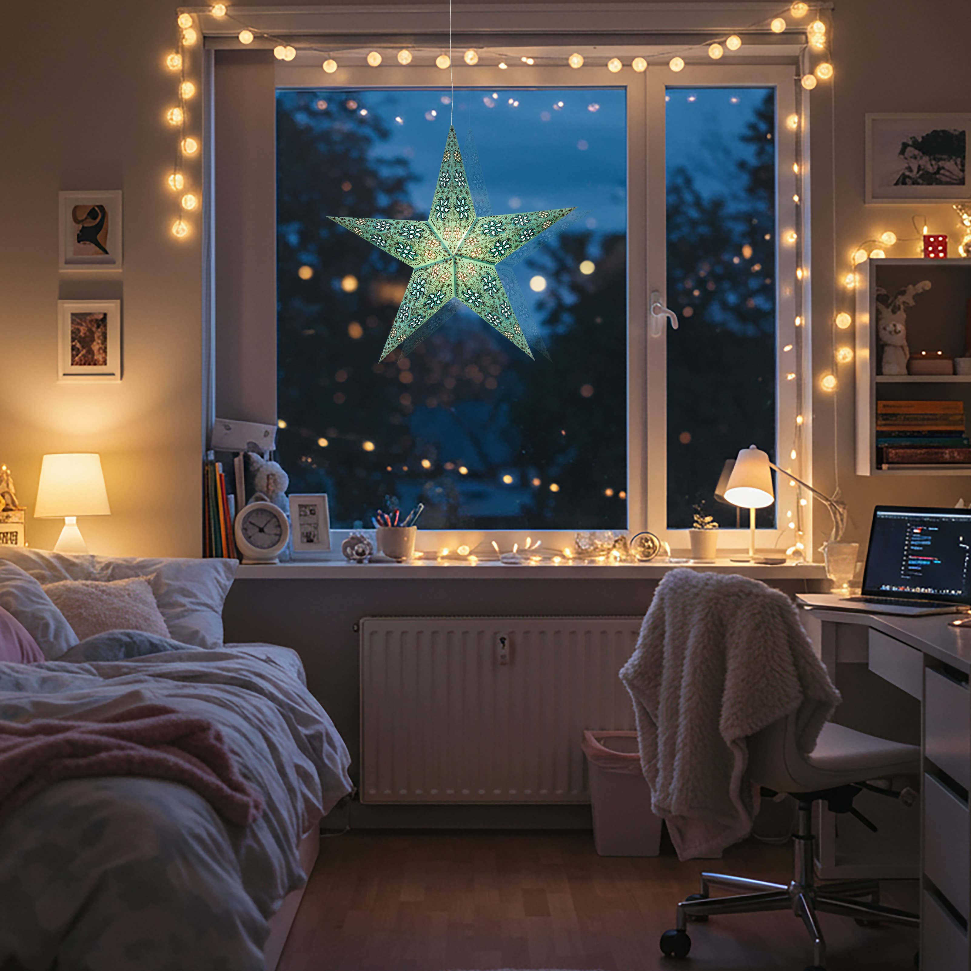 Artschatz LLC - Vente Lanterne/lampe en papier - Lanterne étoile en papier à paillettes Siklon 5 Pointer 24" turquoise8