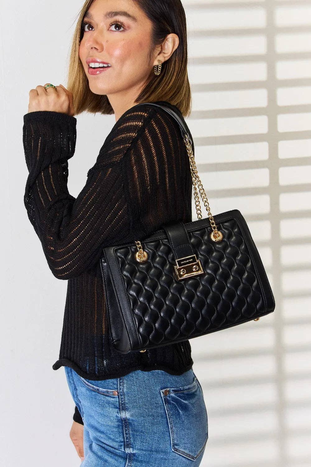 Black David Jones Quilted PU Leather Handbag for wholesale on Faire1