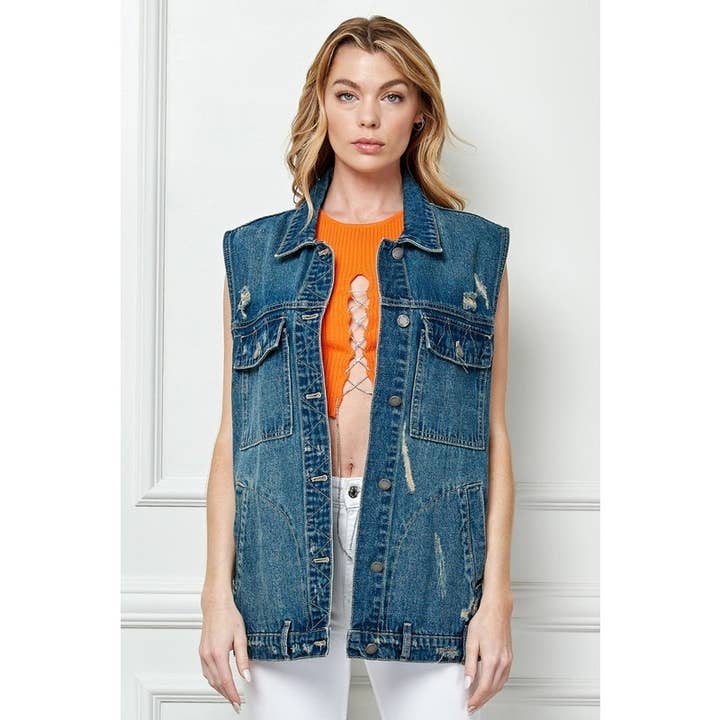 Oversize Distressed Denim Vest Jacket for wholesale by Clothing of America