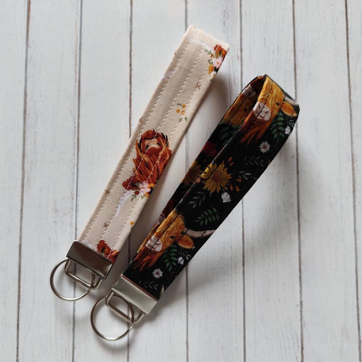 Highland cow floral wristlet keyring, Scottish keyfob for wholesale by Hannah and me