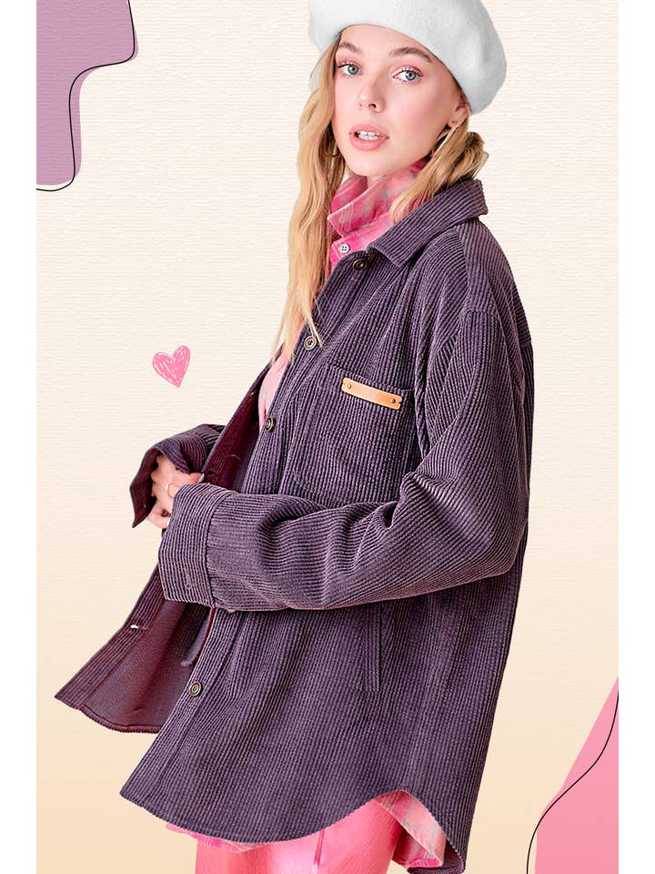 La Miel - Wholesale Shirt Jacket/Shacket - Women's - JKT1767-Loose Fit Button Down Corduroy Shacket with Pockets9