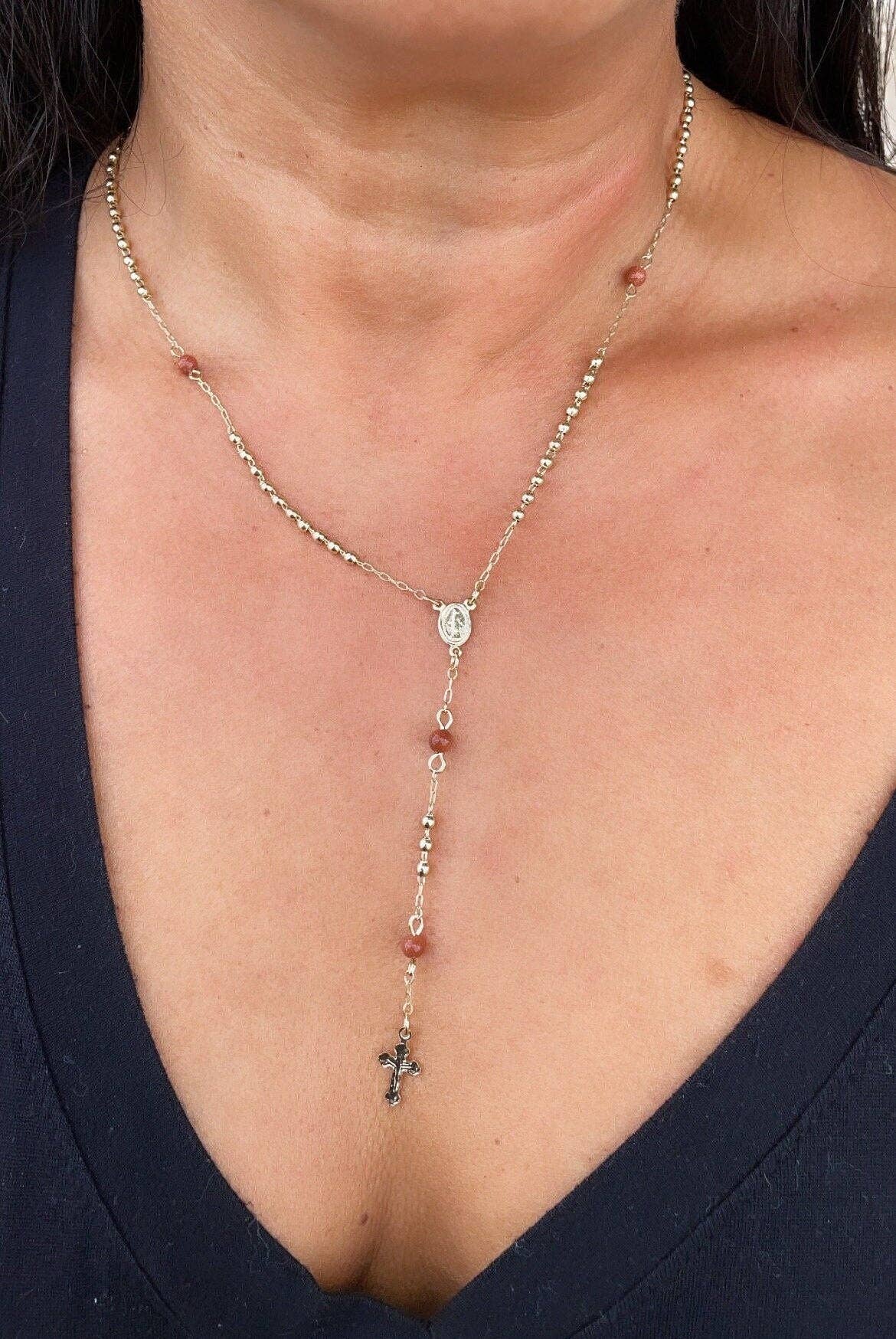 Milie - Wholesale Prayer Beads Necklace - 18k GF Rosary: Brown Aventurine Beads, Victorian Cross2