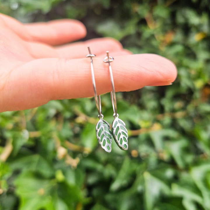 Handmade Resin and Polymer Clay Leaf Charm Hoop earrings for wholesale by Green Grove Designs