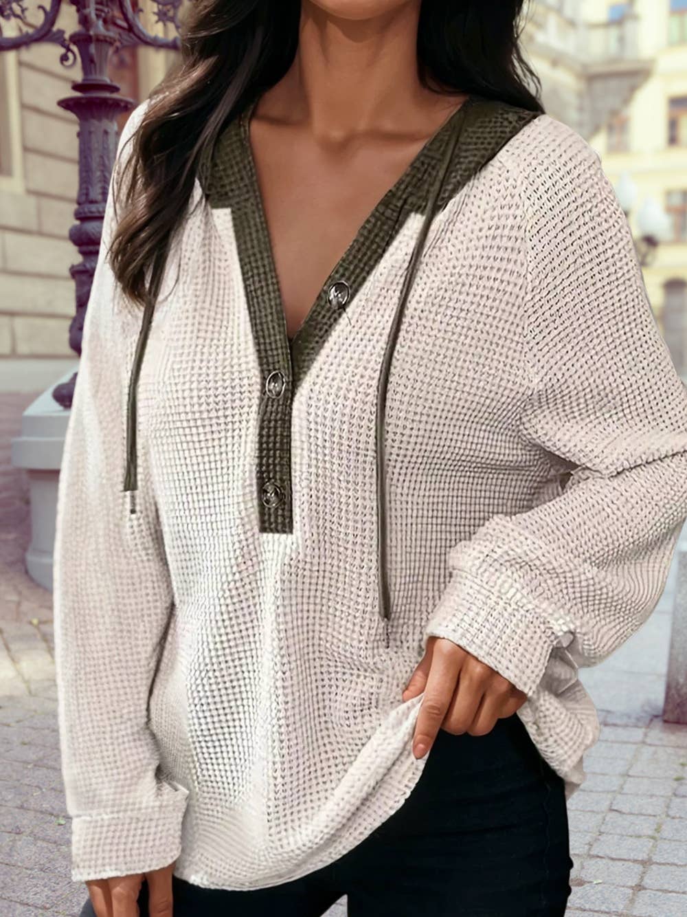 1 the Woman - Wholesale Hoodie - Women's - Waffle Contrast Half Buttoned Hooded Pullover Top2