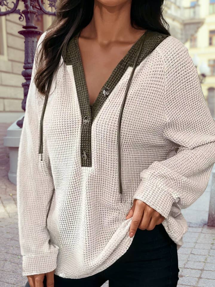 1 the Woman - Wholesale Hoodie - Women's - Waffle Contrast Half Buttoned Hooded Pullover Top2