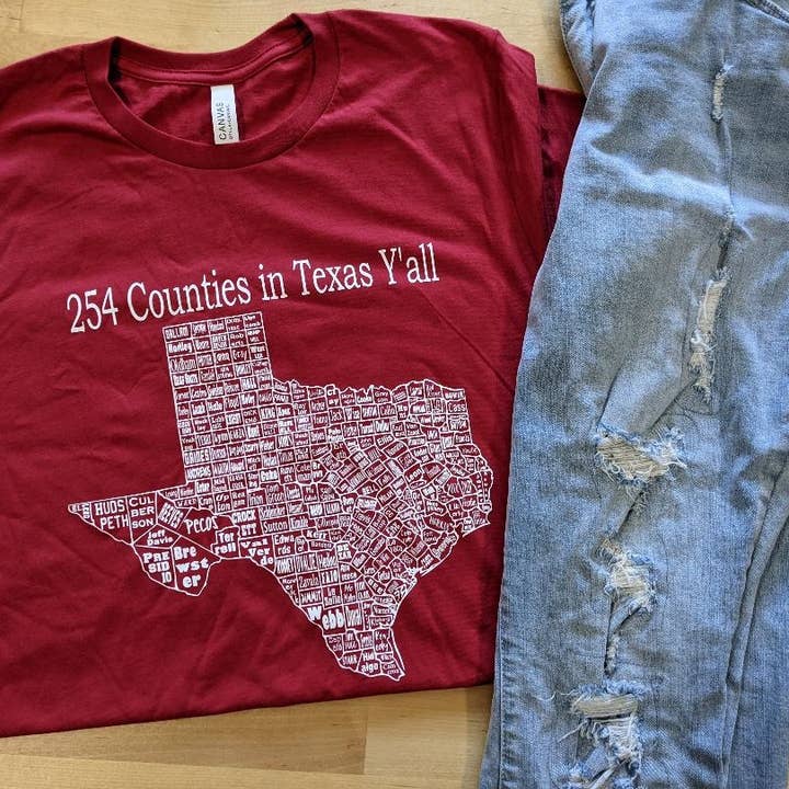 Texas County Map rood T-shirt (Inventory Closeout SALE) voor wholesale door 316 Legacy LLC