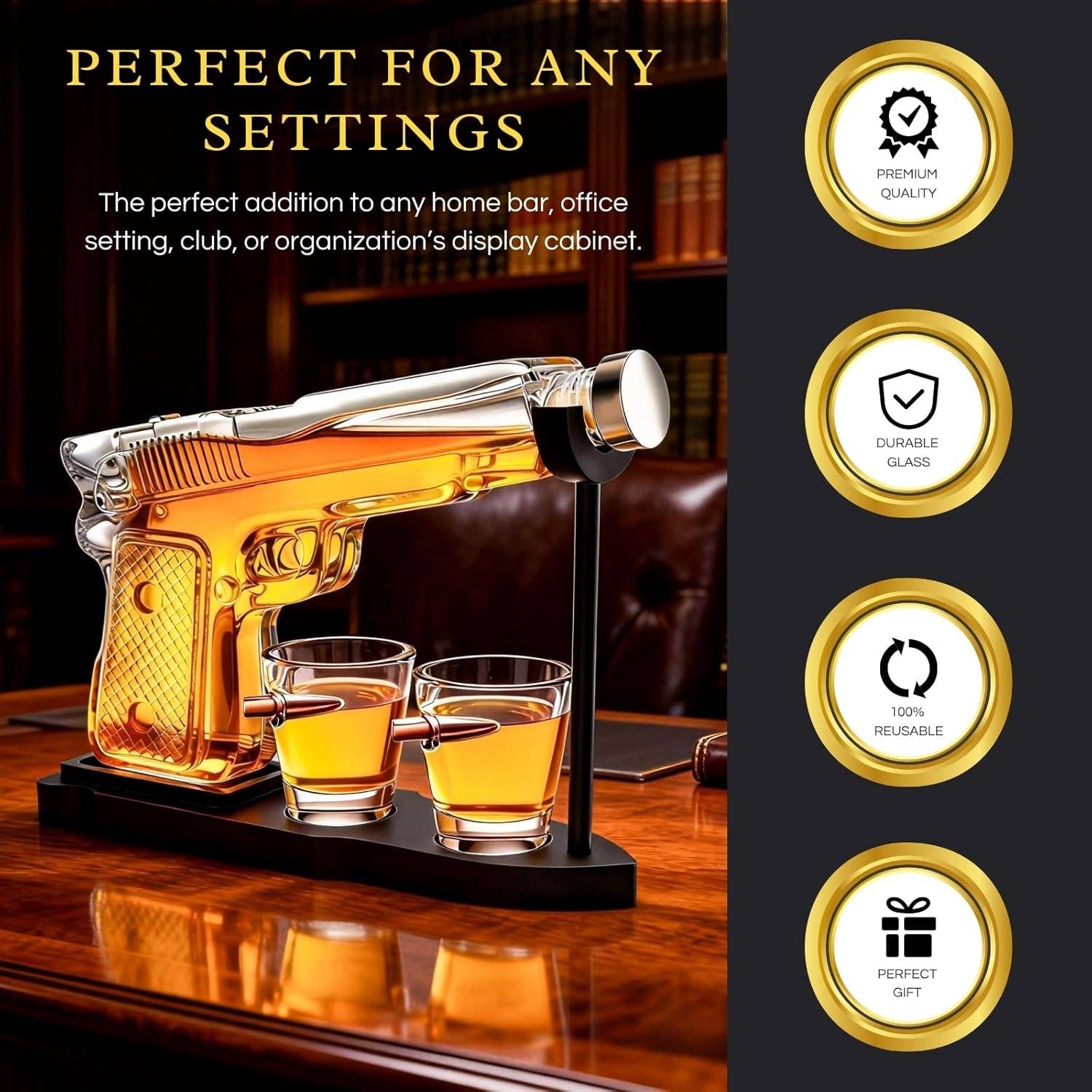 The Wine Savant /  Khen Glassware - Wholesale Decanter - Pistol Gun Decanter Set + 2 Bullet shot Glasses & Wood Stand3