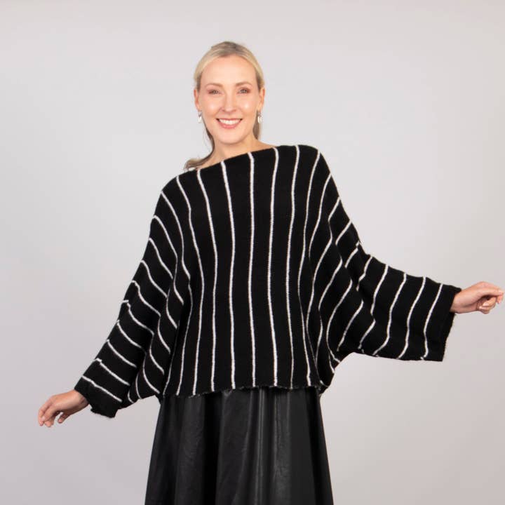 Sarta - Wholesale Knit Sweater - Women's - Blythe Batwing Jumper - Black/White, Striped