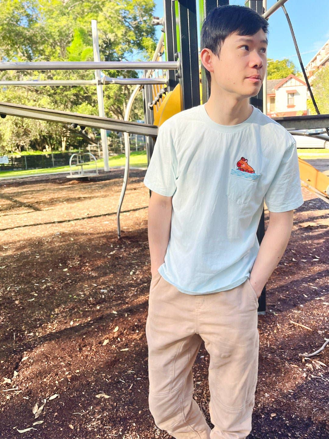 Jessthechen - Wholesale T-Shirt - Unisex - Bathing Capybara Embroidered Pocket Tee | Sky Blue1