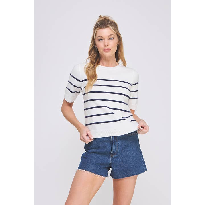 Soft Fine Gauge Short Slv Preppy Striped Top for wholesale by Allie Rose