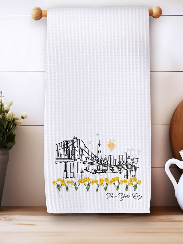 NYC - New York City Skyline with Daffodils Waffle Towel for wholesale by philoSophie's Stationery & Gifts