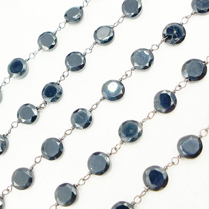 Tresor Jewelry Inc. - Wholesale Link & Chain Necklace - Black Spinel Small Coin Shape Oxidized Wire Chain. BSP49