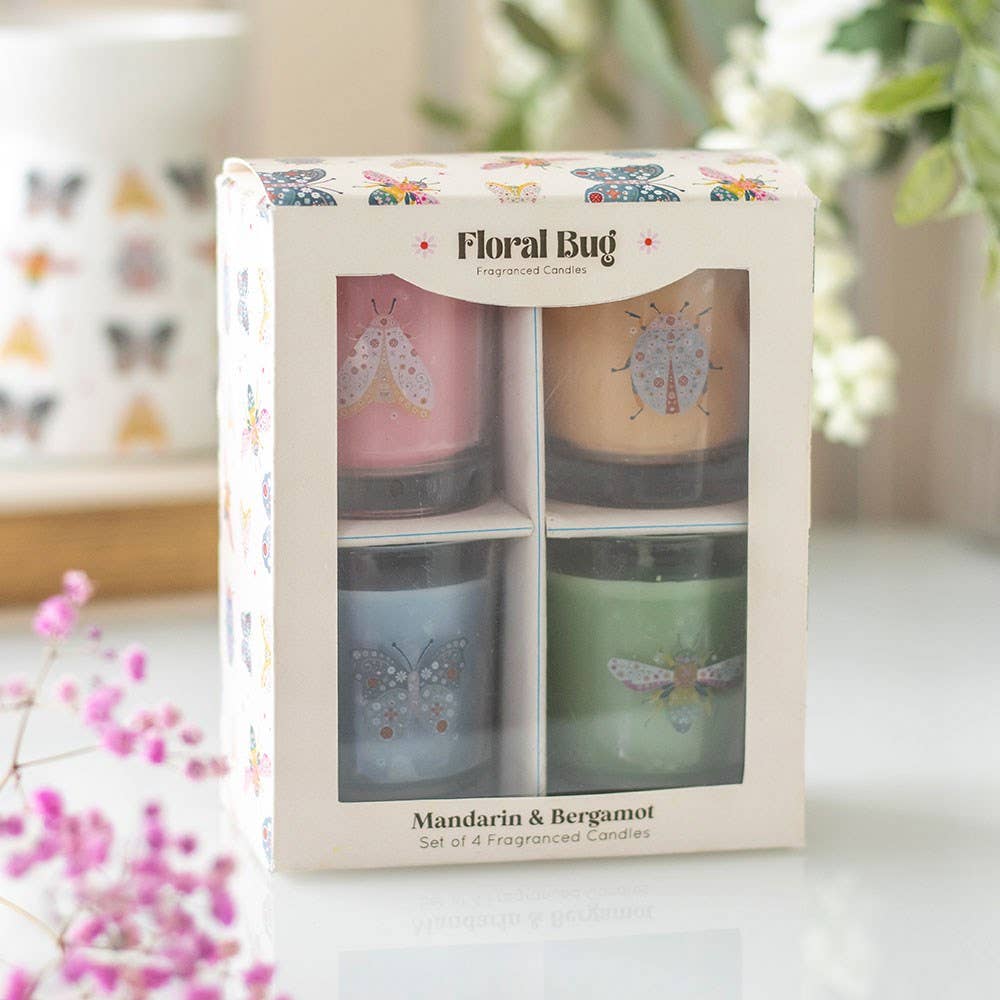 Nibble Distributors Ltd - Wholesale Jar/filled candle - Set of 4 Floral Bug glass candles