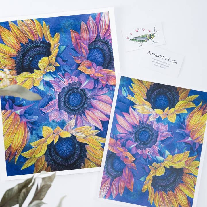 Blauer Sonnenblumen botanischer Druck - 11 „x 14" für den Großhandel von Artwork By Emilie