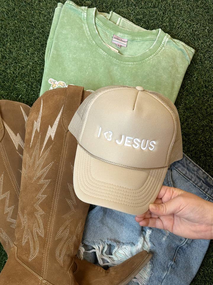 I <3 Jesus Embroidered - Tan Trucker Hat for wholesale by Jadelynn Brooke