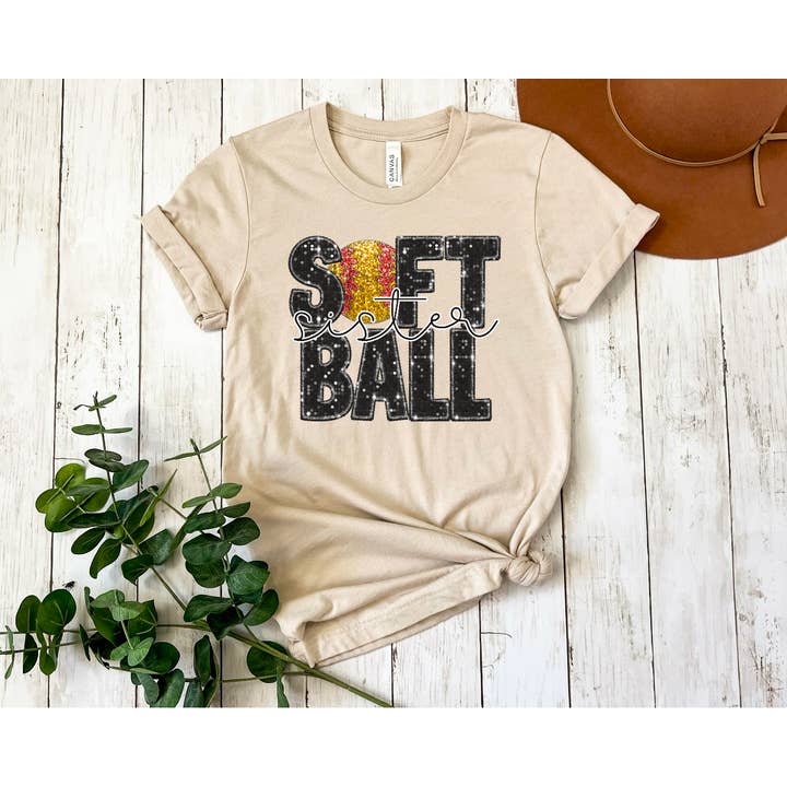 Simple Tymes - Wholesale Sublimation Transfer - Softball Faux Glitter Titles with Ball DTF Print