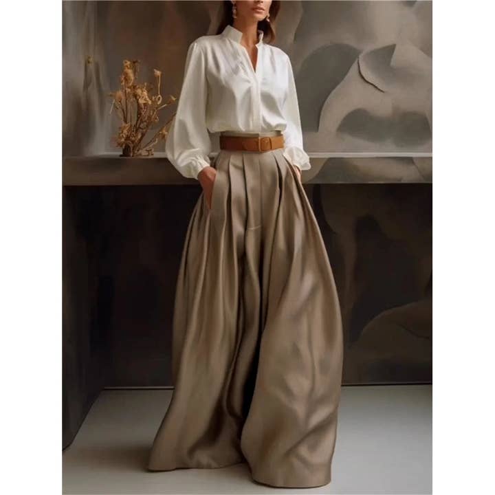 KHAKI Loose Wide Leg Solid Color Casual Pants Bottoms Trousers for wholesale on Faire12